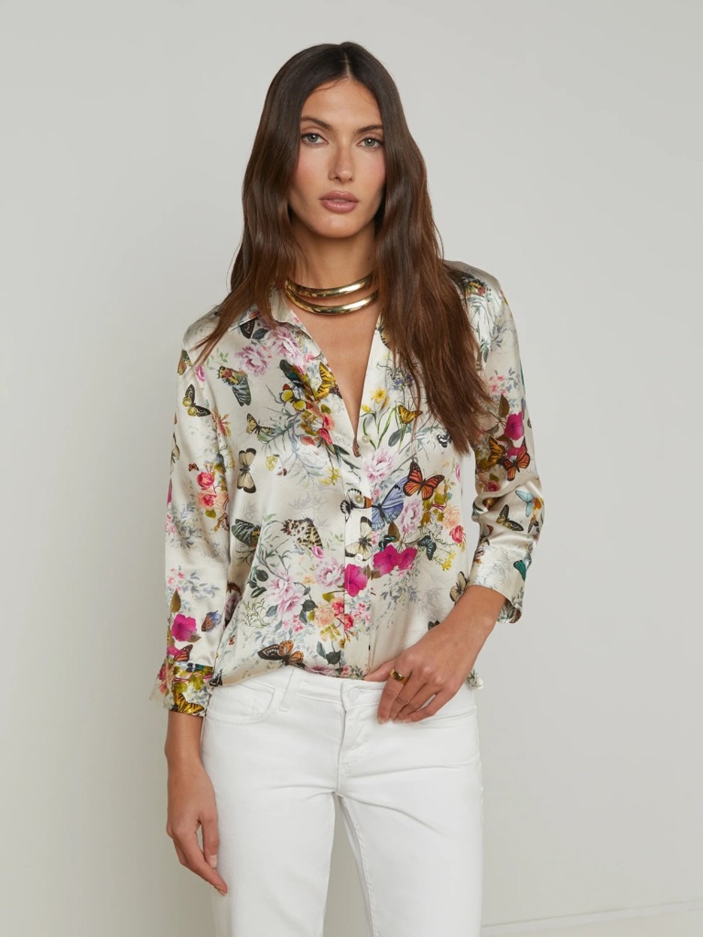 L’Agence- Dani silk white multi botanical floral blouse
